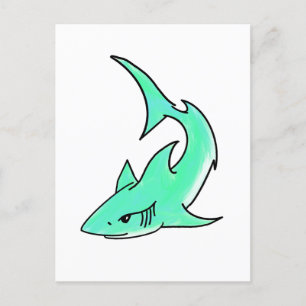 Postal tiburón sonriente de dibujos animados azul verde m