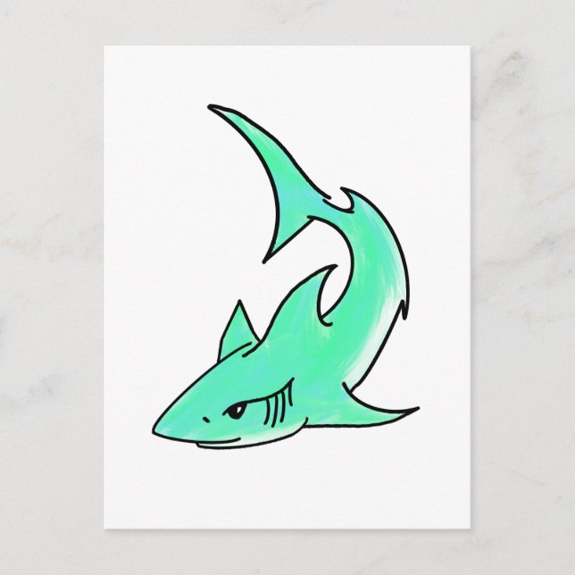 Postal tiburón sonriente de dibujos animados azul verde m (Anverso)