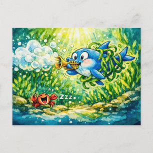 Postal Tiburón tocando trompeta caricatura  