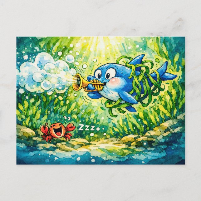 Postal Tiburón tocando trompeta caricatura   (Anverso)