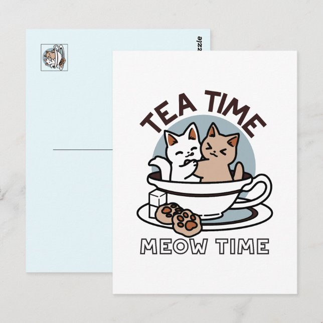 Postal Tiempo de embutido de té - Diseño de gato y té lin (Anverso / Reverso)