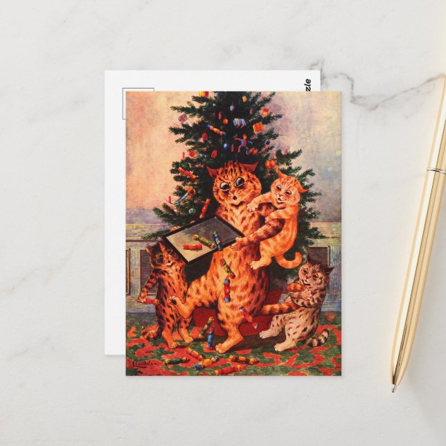Postal Tiempo de navidades en Catland Louis Wain Post Car (Anverso/Reverso In Situ)