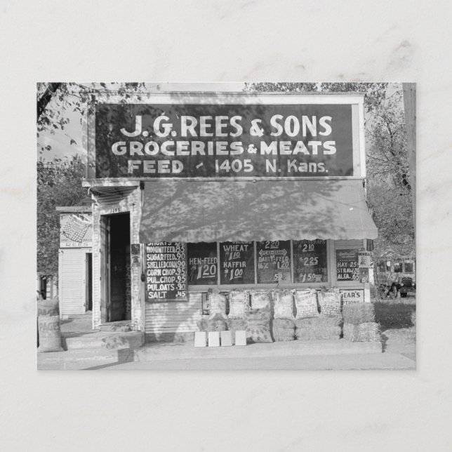 Postal Tienda de comestibles y forrajes, 1938 (Anverso)