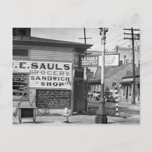 Postal Tienda de comestibles y sandwich, 1934 (Anverso)