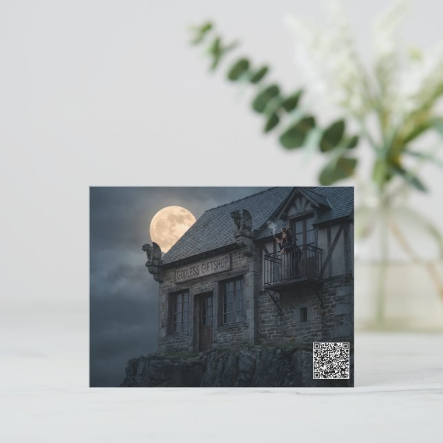 Postal Tienda de regalos sin Dios (Anverso de pie)