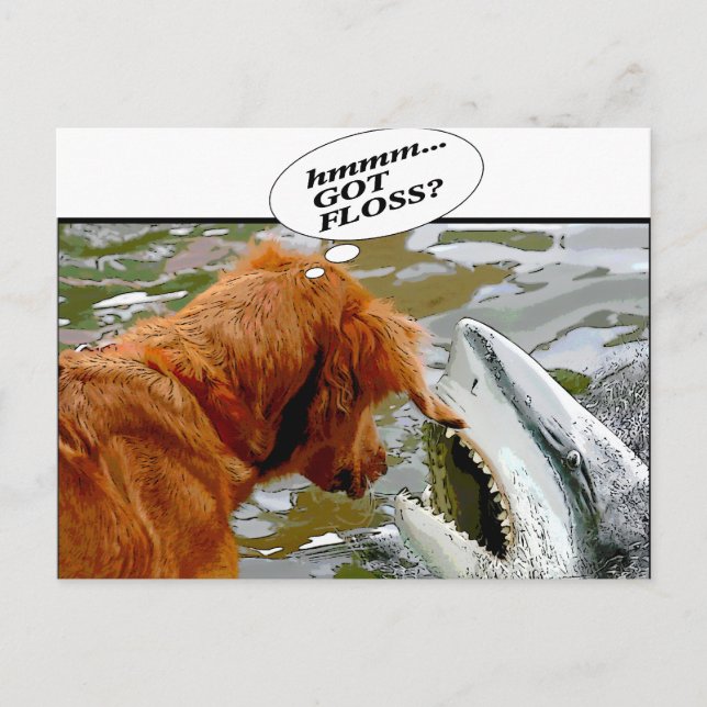 POSTAL ¿TIENES FLOSS? PERRO EN LA BOCA DE SHARK - HUMOR (Anverso)