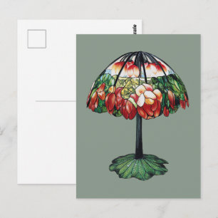 Postal Tiffany Art Nouveau Floral Rojo Loto Antiguo