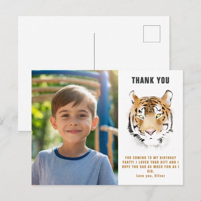 Postal Tiger Head Watercolor Birday Foto Gracias (Anverso / Reverso)