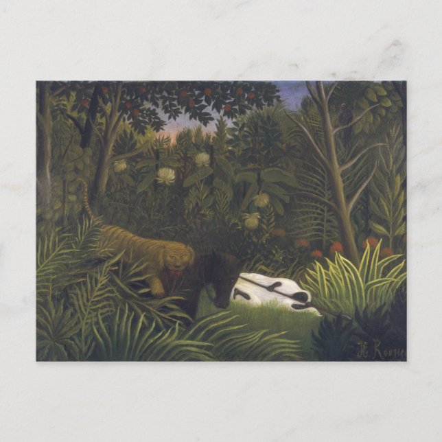 Postal Tigre atacando a un caballo y a un negro durmiente (Anverso)