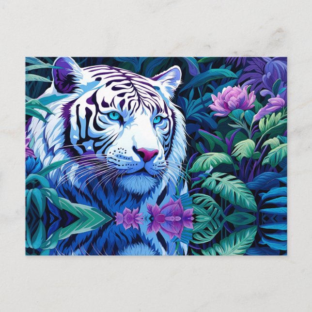 Postal Tigre blanco con flores moradas (Anverso)