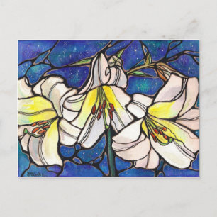 Postal Tigre blanco Lily Flores Vidrio Manchado Arte de d
