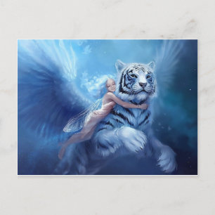 Postal Tigre blanco volando con ángel