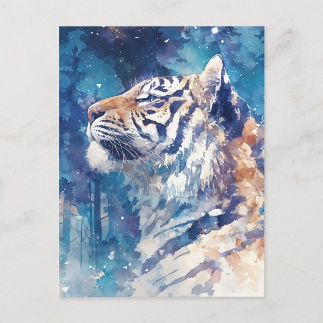 Postal Tigre Celestial en Bosque Invernal Estrellado (Anverso)