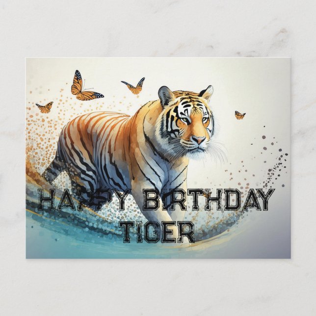 Postal Tigre con mariposas Feliz cumpleaños (Anverso)