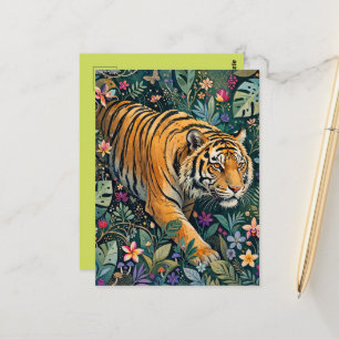 Postal Tigre con ojos ámbar, follaje de jungla de fantasí