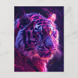 Postal Tigre Cósmico de Brillo Neon Rojo Púrpura
