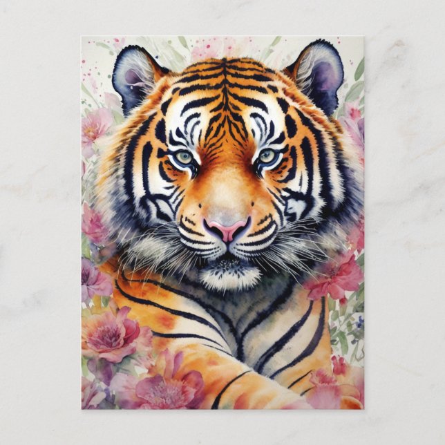 Postal Tigre de acuarela con pintura floral (Anverso)