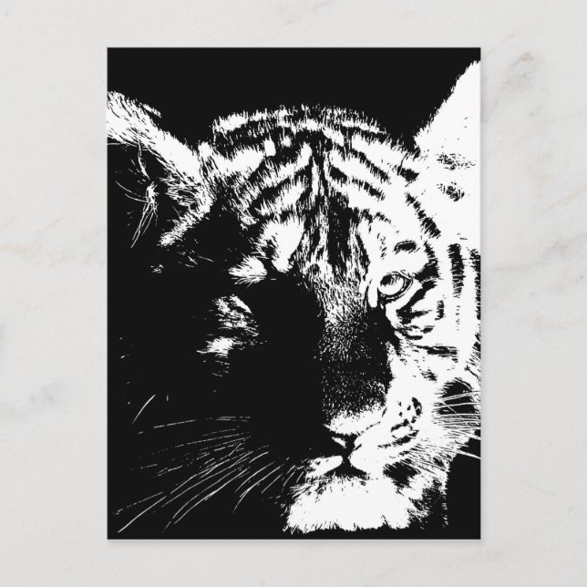 Postal Tigre de arte pop blanco y negro (Anverso)