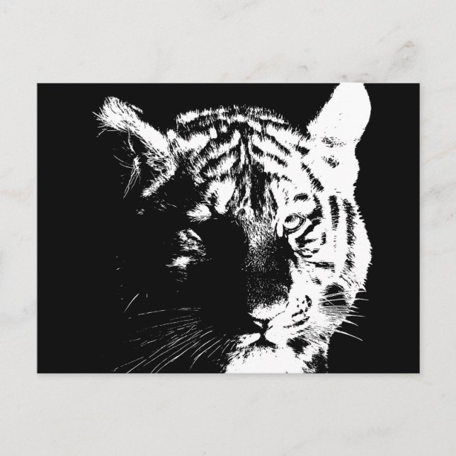 Postal Tigre de arte pop blanco y negro (Anverso)