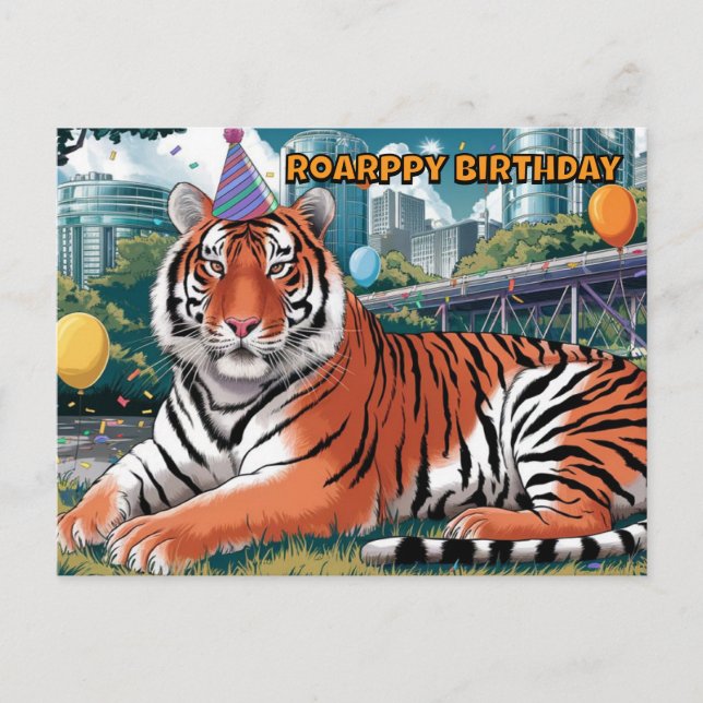 Postal tigre de Bengala con sombrero de cumpleaños acosta (Anverso)