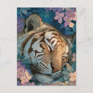 Postal Tigre durmiente en jardín floral morado
