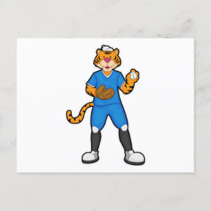 Postal Tigre en béisbol con guante de béisbol y gorra