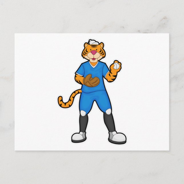 Postal Tigre en béisbol con guante y gorra de béisbol (Anverso)