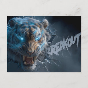 Postal Tigre Enojado con Ojos Azules Brillantes Rompiendo