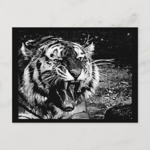 POSTAL TIGRE FEROZ NEGRO BLANCO ANIMALES SALVAJES RUGIEND