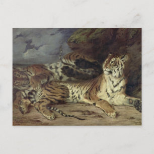 Postal Tigre joven jugando con su madre, 1830 (petróleo e