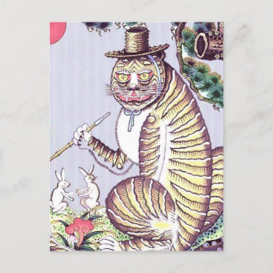 Postal Tigre Minhwa con conejos y pipa