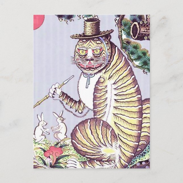 Postal Tigre Minhwa con conejos y pipa (Anverso)