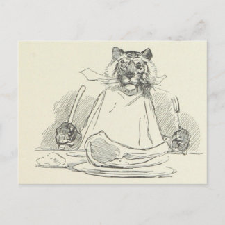 Postal Tigre que come la carne con el cuchillo y la