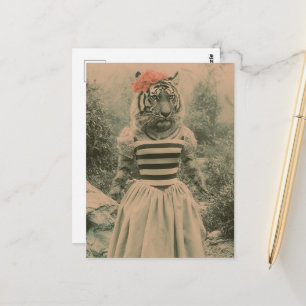 Postal Tigre Retro Surrealista con Vestido de Moda Fantas