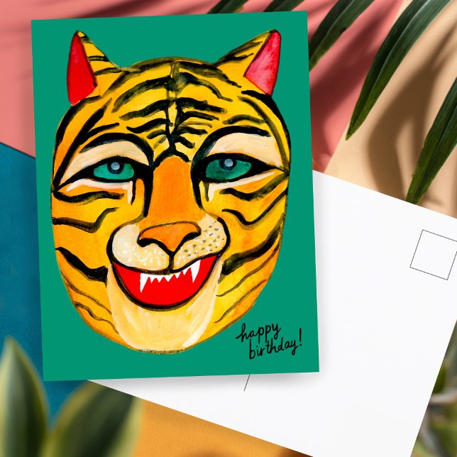 Postal Tigre riendo acuarela feliz cumpleaños Colorido (Laughing Tiger Watercolor Hand Painted Happy Birthday Postcard
)
