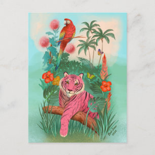 Postal Tigre rosado y jungla tropical loro en blanco