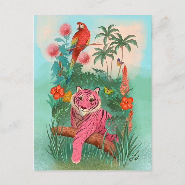 Postal Tigre rosado y jungla tropical loro en blanco (Anverso)