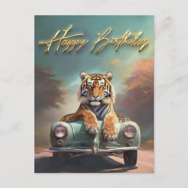 Postal Tigre sentado en un auto deportivo Feliz cumpleaño (Anverso)