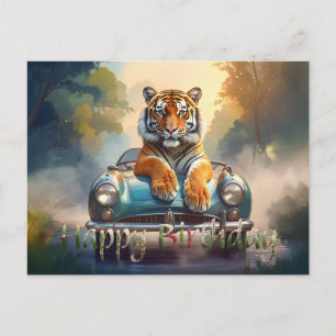 Postal Tigre sentado en un coche deportivo Feliz Cumpleañ