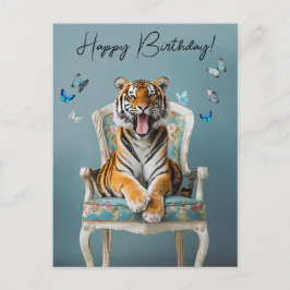 Postal Tigre sentado en una silla vintage mariposas azule