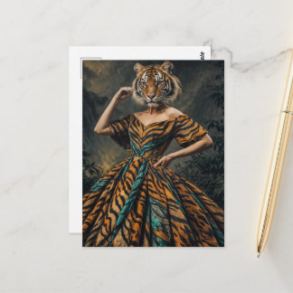 Postal Tigre Surrealista con Fantasía de Moda de Vestido