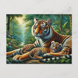 Postal Tigre y cachorro en una pintura de la selva exuber