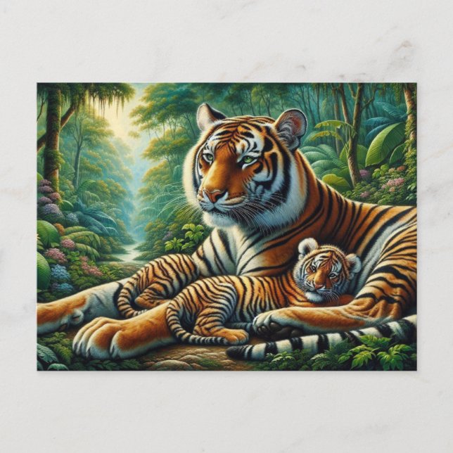 Postal Tigre y Cachorro en una Pintura de una Jungla Exub (Anverso)