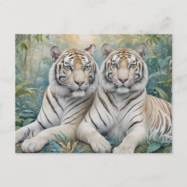 Postal Tigres dorados pálidos en una selva verde azul (Anverso)