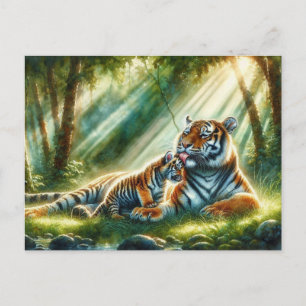 Postal Tigres en pintura de bosque iluminado por el sol