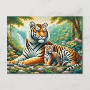 Postal Tigres en una exuberante pintura del paraíso de la