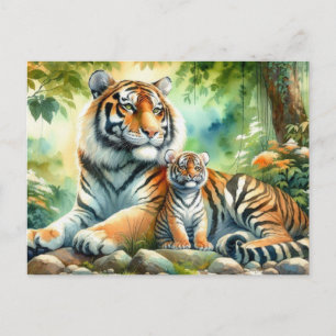 Postal Tigres en una exuberante pintura del paraíso de la