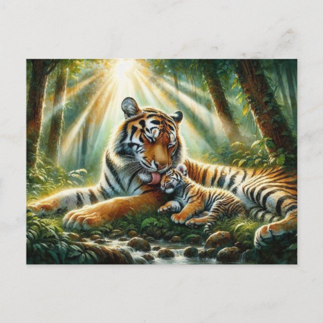 Postal Tigres en una exuberante selva Pintura en acuarela (Anverso)