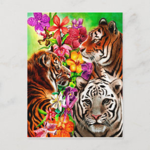 Postal Tigres y flores hermosas obras de arte de la jungl