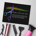 Postal Tijeras arcoiris Hair Estilista Salón de Moda Come<br><div class="desc">Una tarjeta postal de marketing de negocios con estilistas de pelo negro de moda con una ráfaga de color del logo de las tijeras de peinado arco iris. Personalizar este moderno salón de belleza LGBTQ y postales empresas estilizados con un genial guion blanco para una peluquería o colorista para una...</div>